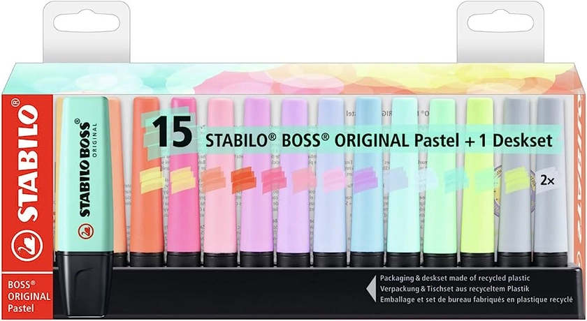 Surligneur pastel STABILO BOSS ORIGINAL Pastel - Set de bureau de 15 Surligneurs coloris Pastel assortis