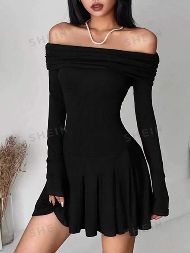 Solid Color Off Shoulder Long Sleeve Dress