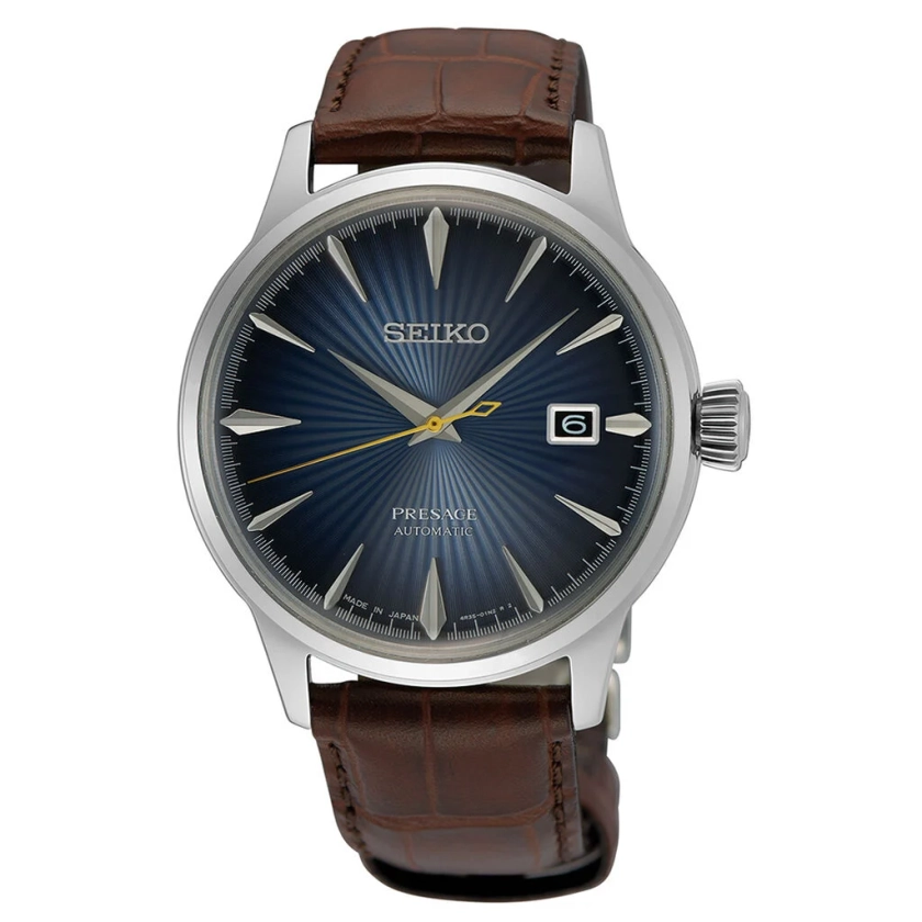 Montre Seiko Presage Bleu - Boîtier Blanc - Cadran Bleu - Bracelet Marron - Mécanisme en Automatique - Pour Homme - Histoire d'Or