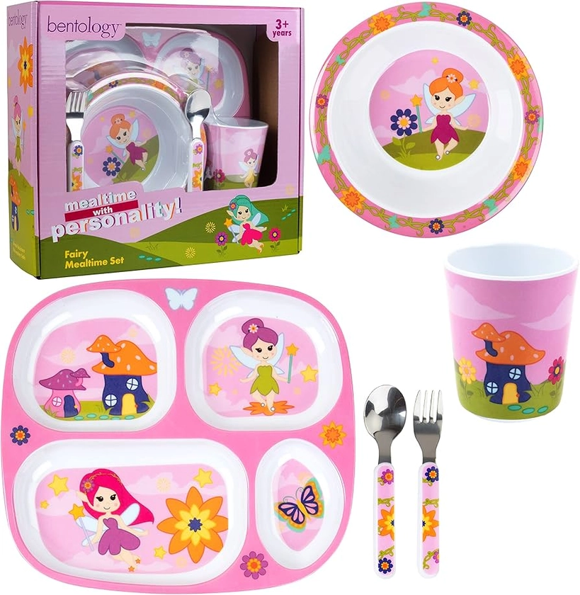 5 Pc Mealtime Set for Kids & Toddlers, Fairy Theme- Includes Divided Plate Cup Bowl Fork Spoon- Dishwasher Safe, BPA Free- Cute Compartment Dish to Put Food in 4 Sections for Easy Self-Feeding