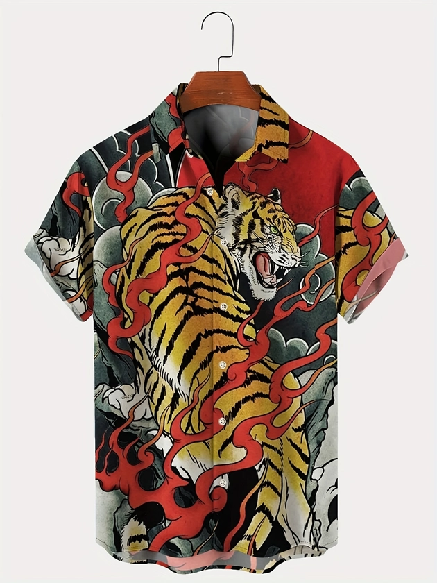 Plus Size Lapel Mens Hawaiian Shirt Tiger Graphic Button Down Shirts, Top Blouse Shirts, Short Sleeve, Button Down Dress Shirts