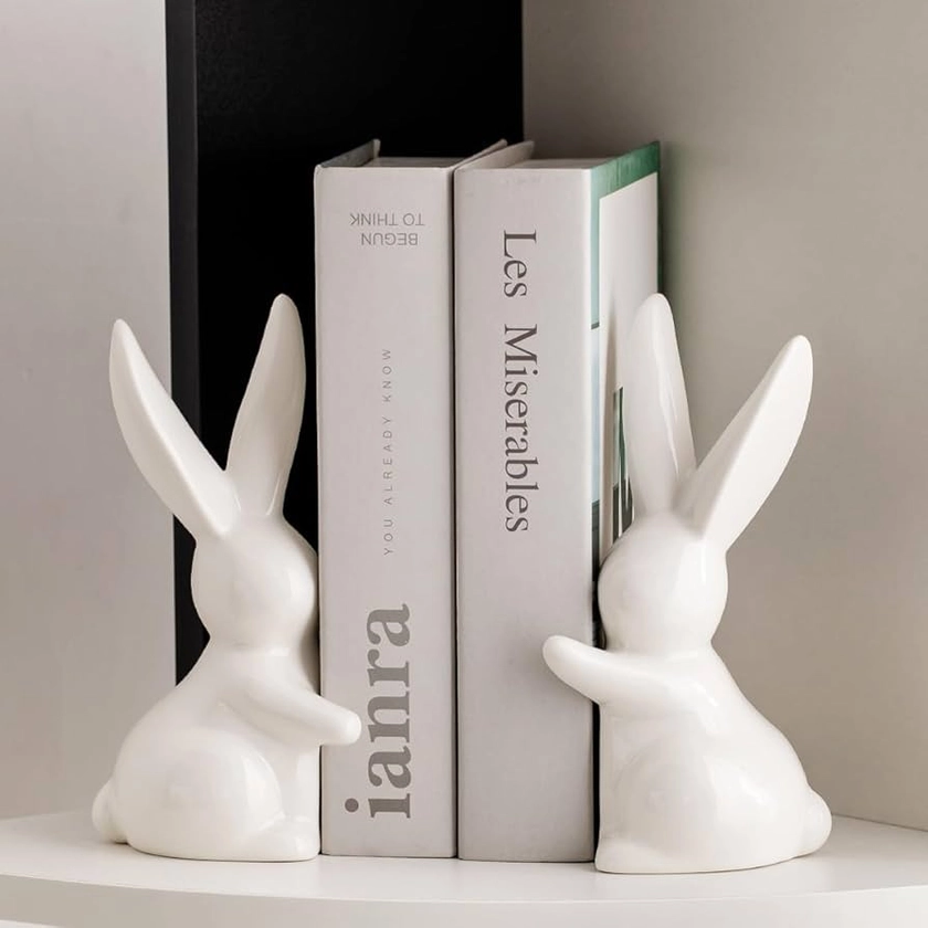 Decorative Ceramic Book Ends, Quirky Rabbit Bookends, Bunny Book Holders Stopper for Shelves Art Bookend - White