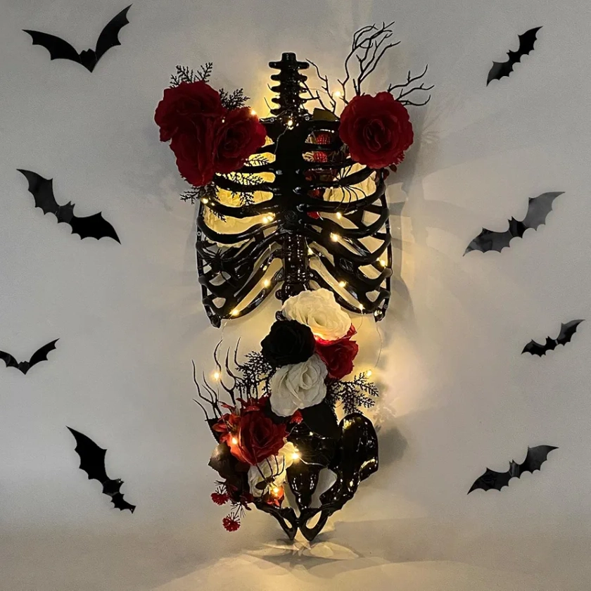 DAZONGE Halloween Decor, Floral Skeleton Torso for Halloween Decorations Indoor, Easy to Assemble Halloween Skeleton Ribcage with String Lights, Gothic Skeleton Decorations Wall Display