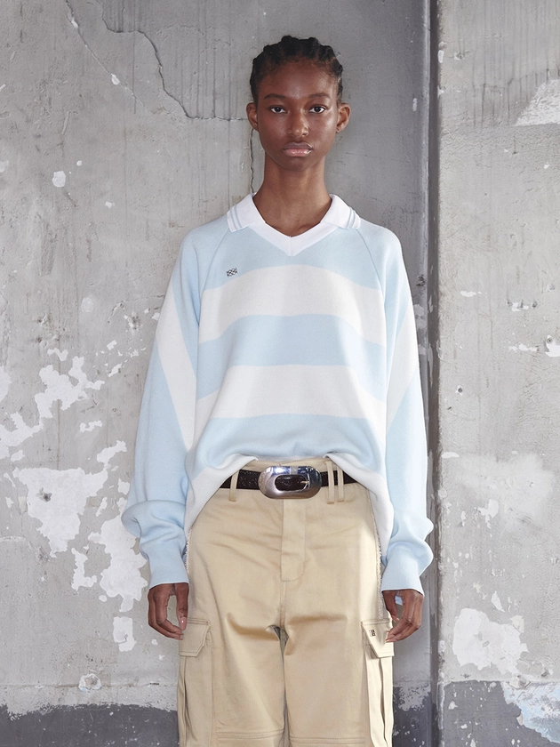 Striped Knit Rugby Top UNISEX Sky Blue Cream