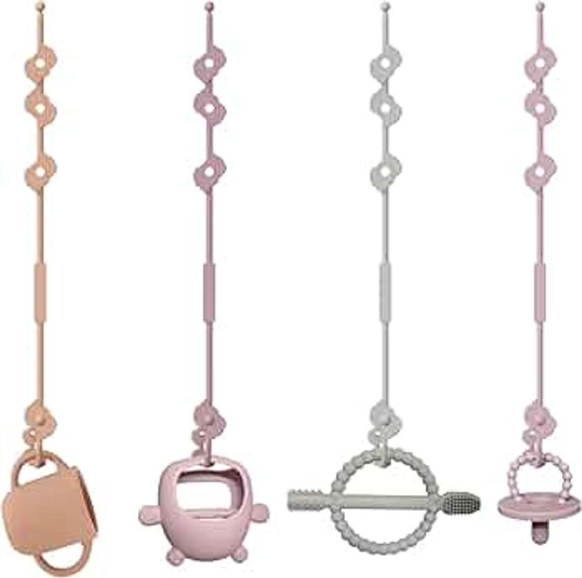 Lot de 4 Ceintures de Sécurité pour Jouets, Silicone Pacifier Chain, Tasse de collation Sangles, Tasse à Boire Sangles, pour Poussette, Chaise Haute, Berceau, Garçons et Filles de 3 mois