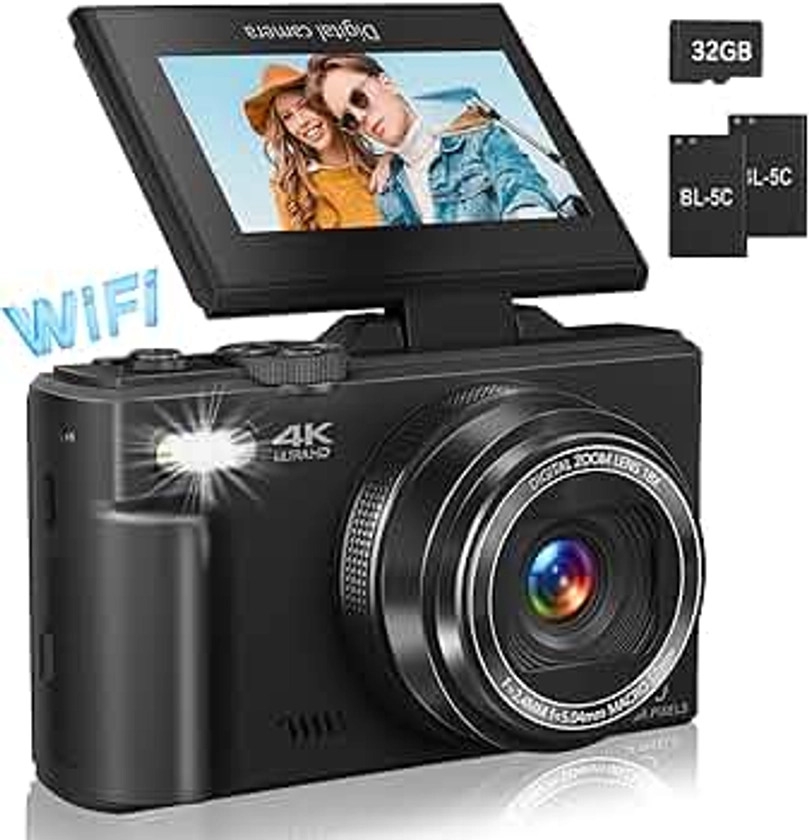 Digital Camera for Photography, 4K Vlogging Camera for YouTube 3" 180° Flip Screen 18X Digital Zoom Compact Retro Camera with 32GB TF Card & 2 Batteries, Black