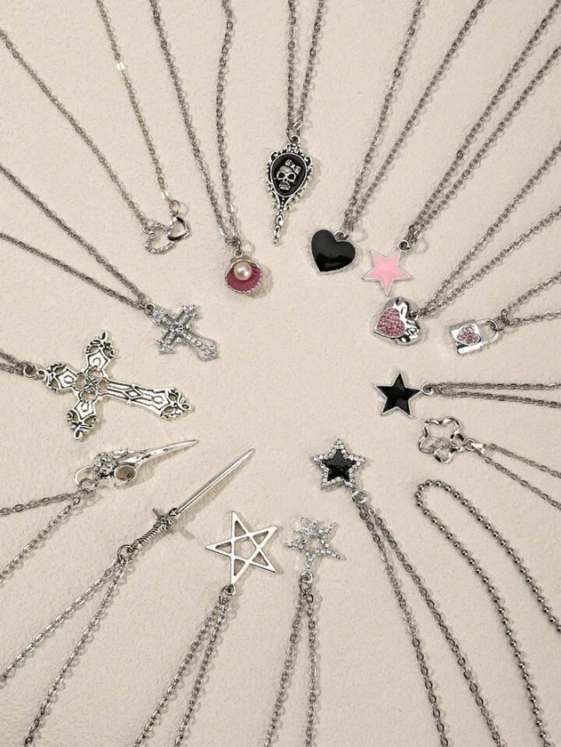Set Of 5 Y2K Retro Gothic Punk Rock Style Necklaces Including Star, Cross With Rhinestone, Heart-Shaped Cross, Butterfly Shaped Pendants, With Stainless Steel Chain. Ins Style, Personalized, Hip Hop, Bohemian Style, Love-Lock Pendant Necklaces.