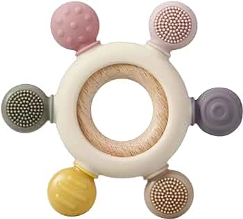 PandaEar Baby Teething Toys - Silicone Rudder Toy with Wooden Rings for Soothing Teething Pain Relief - Shower Gift for lnfants & Toddlers 3+ Months (Pink)