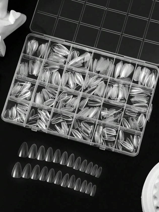 Coffin Fake Nails 504 pièces - Ongles pressés Ballerina longs en forme d'amande clairs pour la couverture complète de faux ongles en acrylique avec conseils pour les ongles rond, art des ongles, matériel de salon de manucure DIY à la maison.