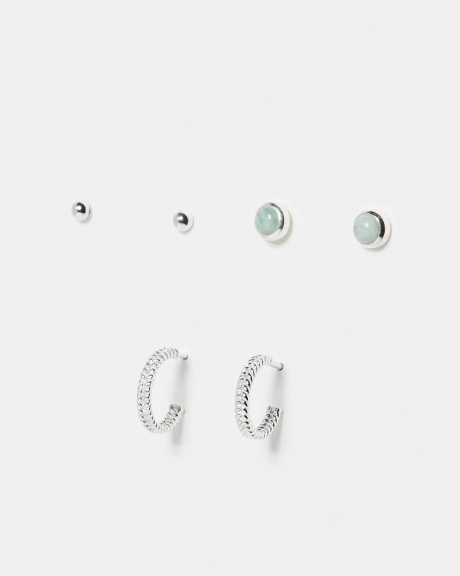 Oakley Amazonite, Stud & Hoop Silver Earrings Set Of Three | Oliver Bonas