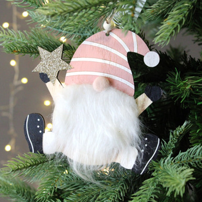 Pink Wooden Gonk Christmas Decoration - 15cm