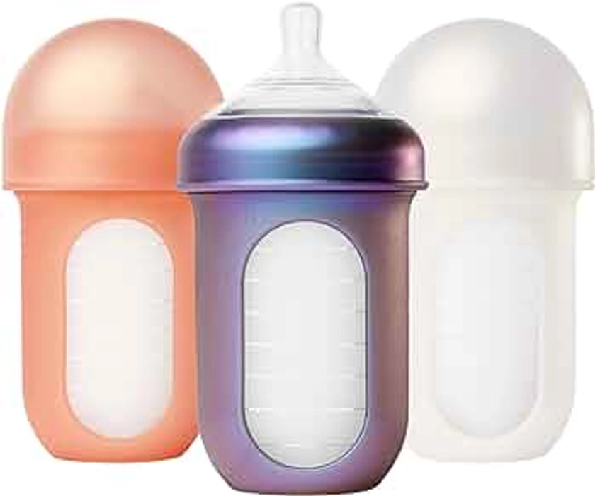 Boon Nursh Reusable Silicone Baby Bottles with Collapsible Silicone Pouch Design - Everyday Baby Essentials - Stage 2 Medium Flow Baby Bottles - Metallic - 8 Oz - 3 Count