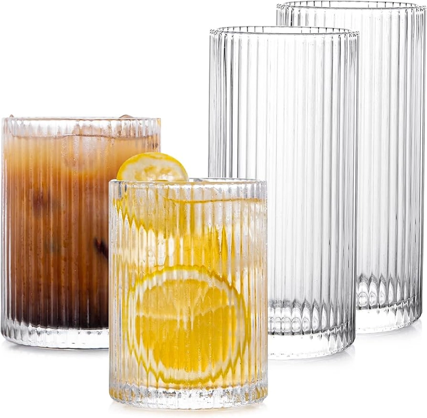 Amazon.com | Drinking Glasses with Origami Style Set of 4pcs Glass Cups,2 Highball Glasses & 2 Rocks Glasses,Elegant Ripple Vintage Glassware,Iced Coffee Glasses,Ideal for Cocktail, Whiskey, Beer, Juice, Water: Highball Glasses