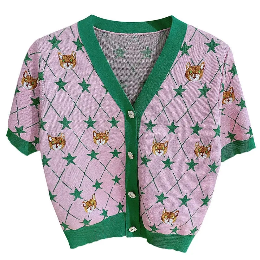 Cardigan à carreaux brodé de tigre pour femmes, haut court, pull Kawaii, tricoté, chemise à boutons, chemisier décontracté, été, 2022