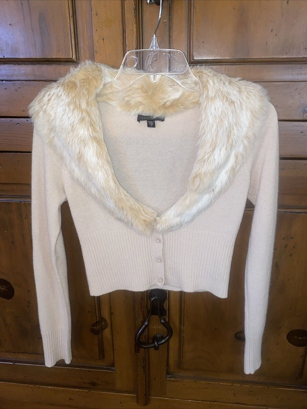 WOW! Vintage Bebe Cropped Cashmere Cardigan-Rabbit Fur Collar-Y2K-Mob Wife-SMALL