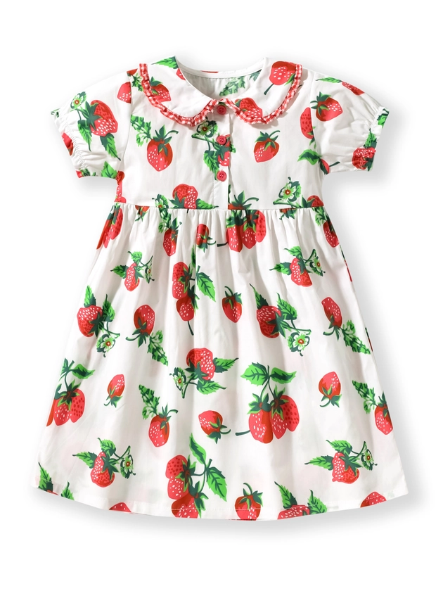 Girls' Strawberry Round Neck Short Sleeve Dress Kids Cotton Cute Casual Button Skirt Summer Clothes