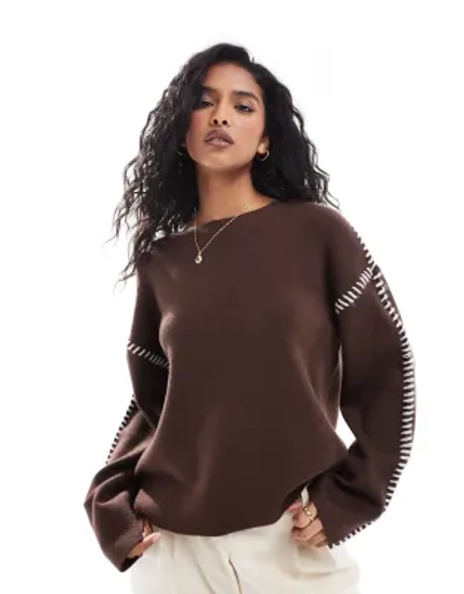 YAS contrast stitch detail jumper in brown - BRONZE | ASOS