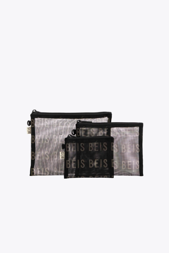 BÉIS 'The Mesh Pouch Trio' in Black - Mesh Travel Bags With Zippers For Travel