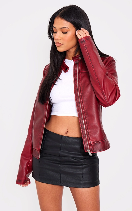 Tall Maroon Washed Faux Leather Oversized Seam Detail Jacket