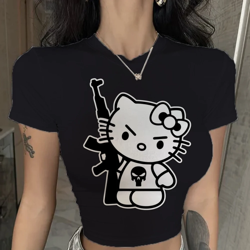 Hello Kitty-Top corto con estampado bonito para mujer, camiseta básica informal de manga corta con cuello redondo, camisetas ajustadas Harajuku, trajes Vintage de moda y2k - AliExpress