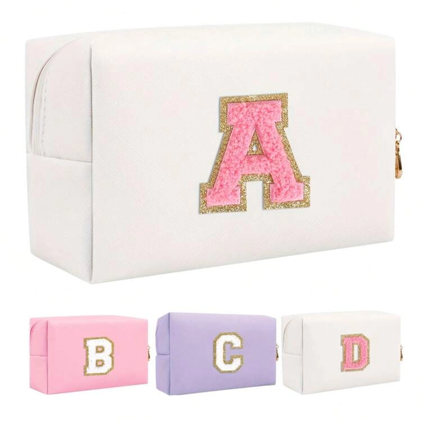 Initial Letter Patch Makeup Bag, Preppy Portable Chenille Letter Cosmetic Bag With Zipper, PU Leather Waterproof Travel Toiletry Bag Monogram Make Up Pouch For Women Girls (Letter A~Z) Back To School School Bag Travel Essentials Travel Organizer For Beach Summer Vacation | SHEIN UK