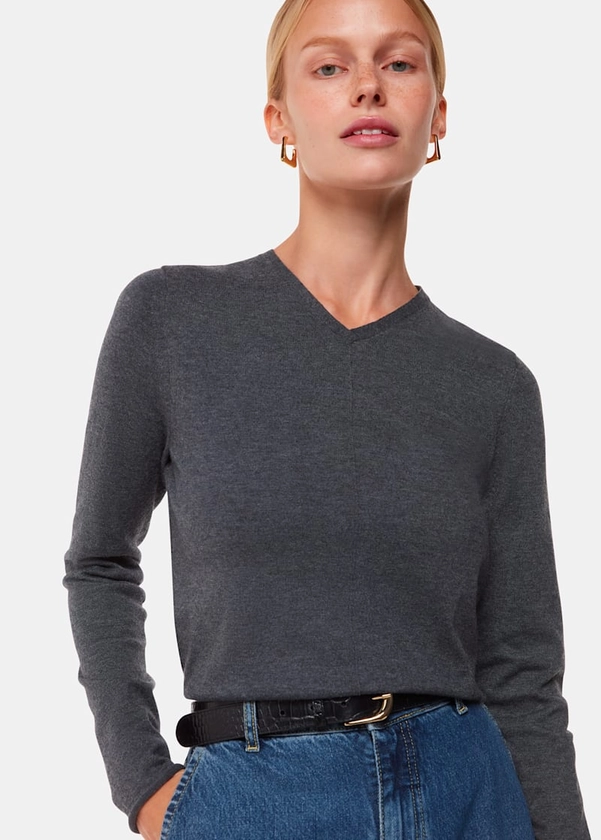 Dark Grey Mila V Neck Knit | WHISTLES | Whistles UK | 