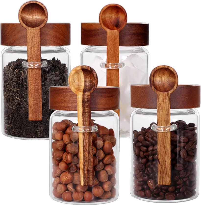 SAIOOL Loose Leaf Tea Storage Canister Set, 4 Pieces 16 OZ Glass Tea Containers with Wooden Lids and Spoons for Loose Tea, Coffee, Sugar, Oatmeal, Herbs (Tea Canisters)