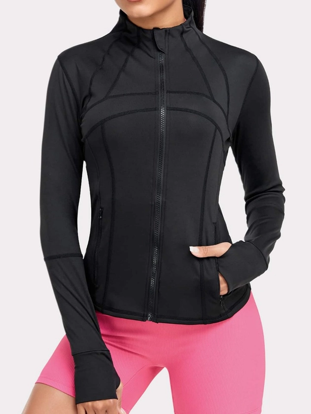 VUTRU Women's Sports Jacket With Double Pockets, Zip Pockets, Anti-Lost Band And Thumb Holes Compression Shirt