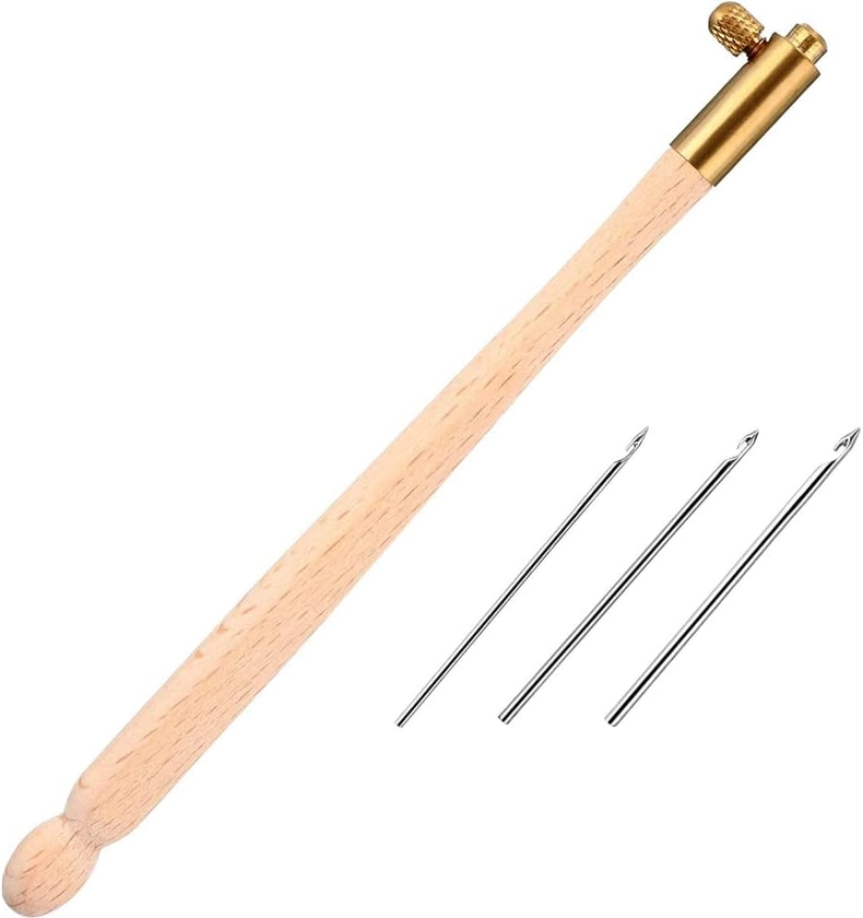 CENPEK Crochet à tambour avec 3 aiguilles (0,7 mm-1 mm-1,2 mm) - Kit d'outils de crochet en bois interchangeables pour broderie de paillettes et perles