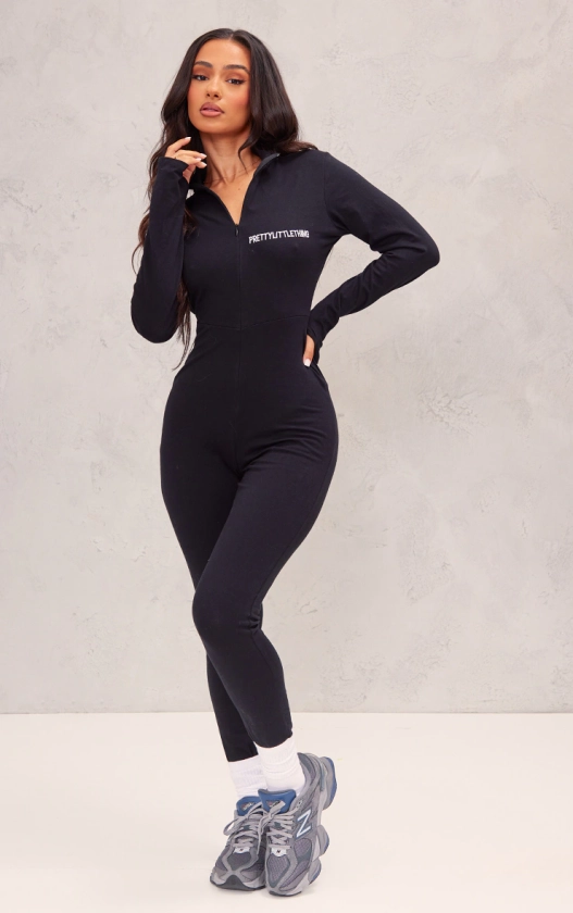 PRETTYLITTLETHING Petite Black Embroidered Zip Front Catsuit