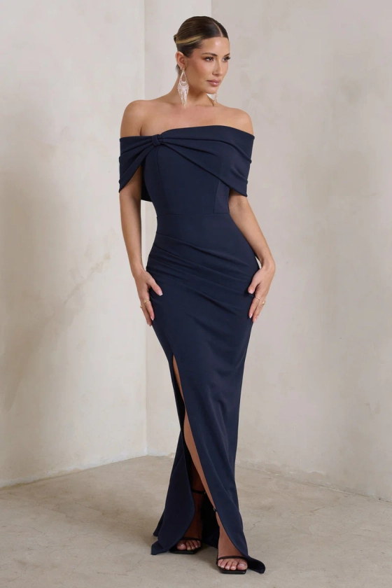 Eva | Navy Bardot Bow Detail Maxi Dress With Thigh Split