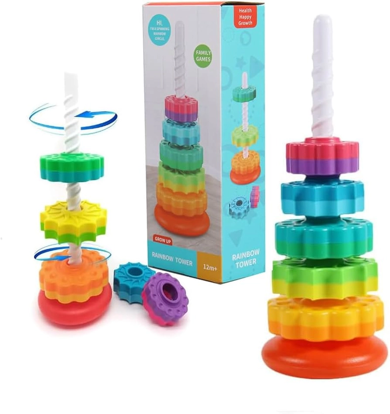 Baby Spinning Toy Rainbow Stacking, Baby Sensory Spin Gears Stacking Rings Toy, Baby Ring Stacker Toy, Montessori Plugging Toys BPA Free, Early Educational Learning Toys for 12 Months+ (5pcs)