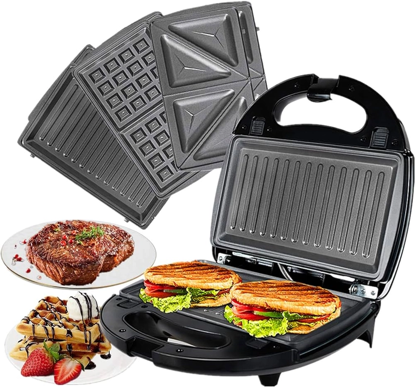 OZAVO 3 en 1 Sandwich Grill, Sandwitch Toaster, Croque Gaufre, Appareil à Croque-monsieur en Acier Inoxydable, 750W, Noir