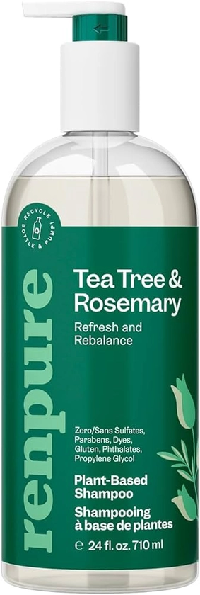 Renpure Plant Based Tea Tree and Rosemary Refresh and Rebalance Shampoo - Soothes Dry Scalp - Delivers Moisture and Shine - Rids Hair of Grime - Dye Free - Recyclable, Pump Bottle Design - 24 fl oz
