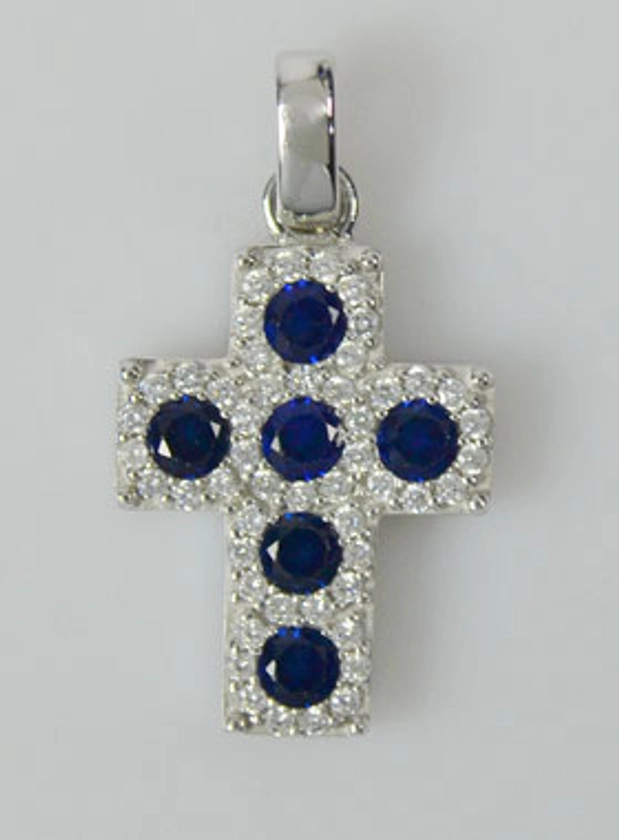 Pendentif Croix en Argent &amp; Zirconium Bleu