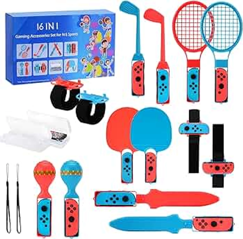 16 en 1 Kit Accessoire compatible avec Switch Sport / Nintendo Switch OLED Switch Sport Accessoire avec Raquette de tennis, poignée de contrôleur, club de golf, sangles de poignet et de jambe