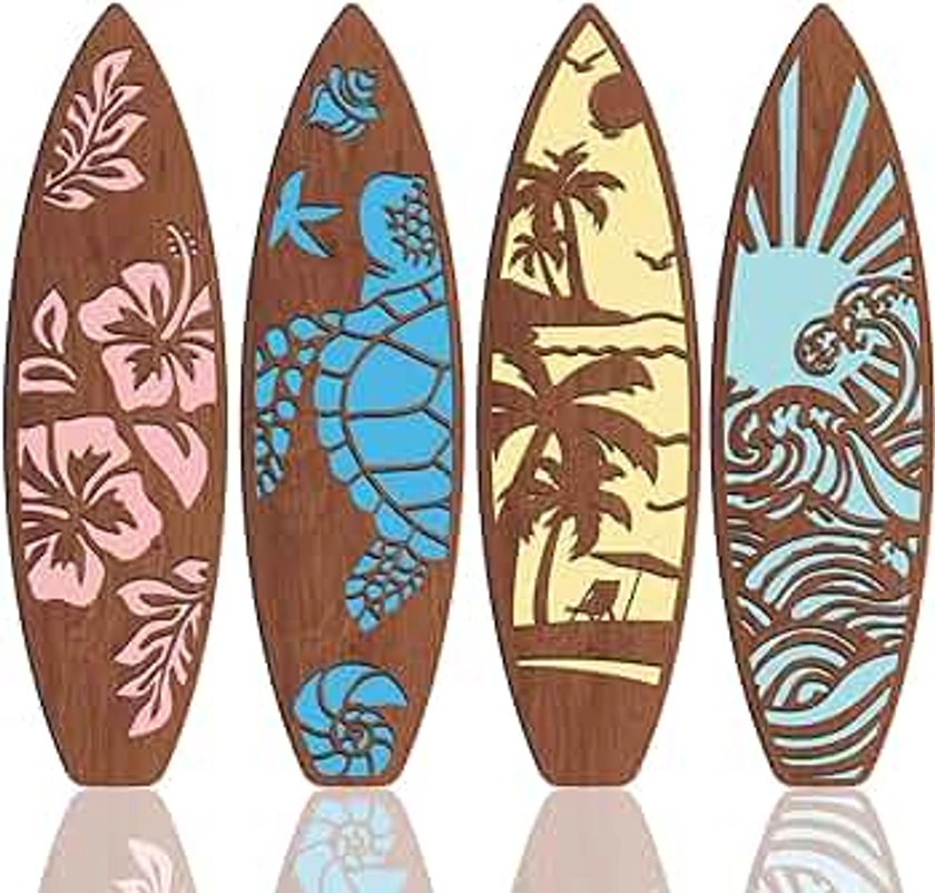 4 Pcs 23.6" x 6.7" Summer Surfboard Wall Decor Large Surfboard Hanging Sign Hawaiian Tropical Surf Boards for Decorating Beach Art Room Bedroom Party