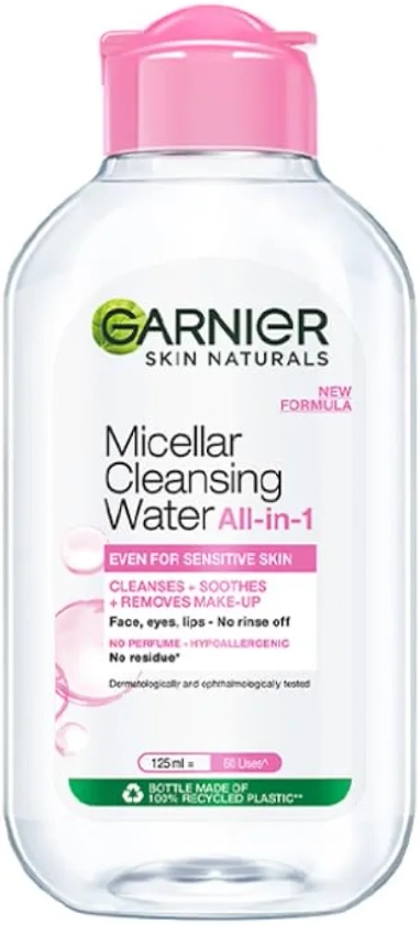 Garnier Micellar Cleansing Water - Gentle Cleanser & Make Up Remover For Everyday Use - Suitable For Sensitive Skin, Dermatologically Tested, Vegan, For Men & Women, Remove 100% Dirt, Pollution, 125ml : Amazon.in: Beauty