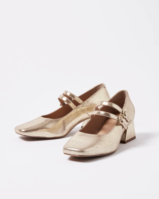 Mary Jane Gold Metallic Leather Flared Heeled Shoes | Oliver Bonas