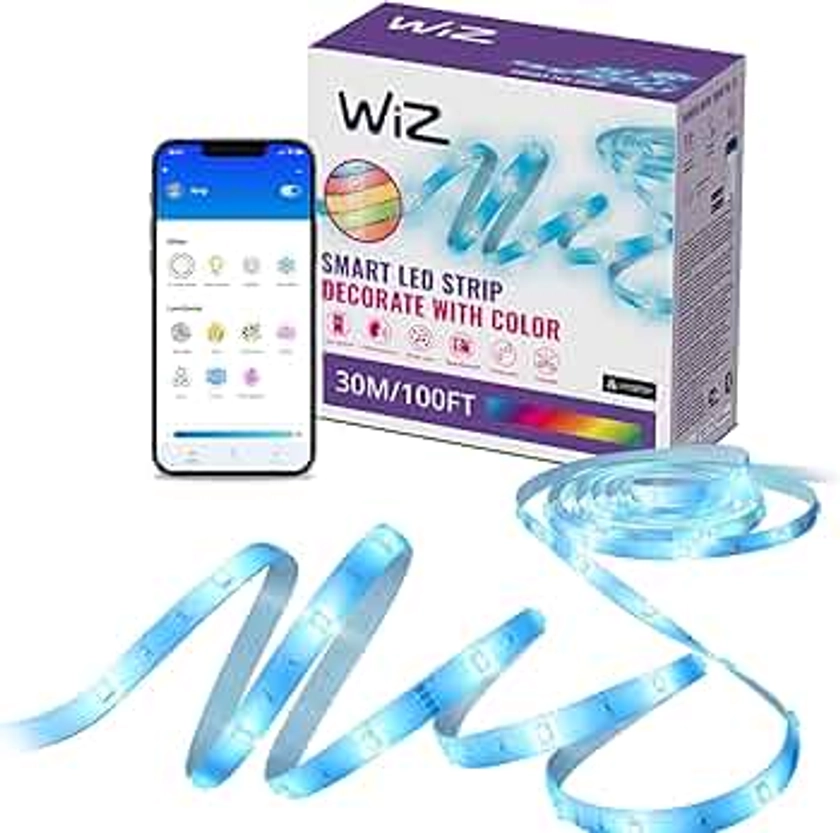 WiZ, Ruban LED Lightstrip connecté, 30m,découpe sur mesure, 16 millions de couleurs Plus nuances de blanc, modes d'éclairage prédéfinis, se connecte à votre Wi-Fi, contrôle vocal