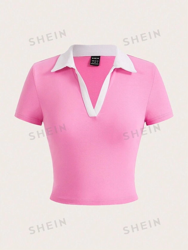 SHEIN EZwear Contrast Collar Crop Tee | SHEIN USA