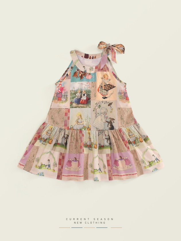 Retro Cartoon Spliced Cotton Sleeveless Dress For Girls - Ideal For Holiday & Casual Outings, Summer