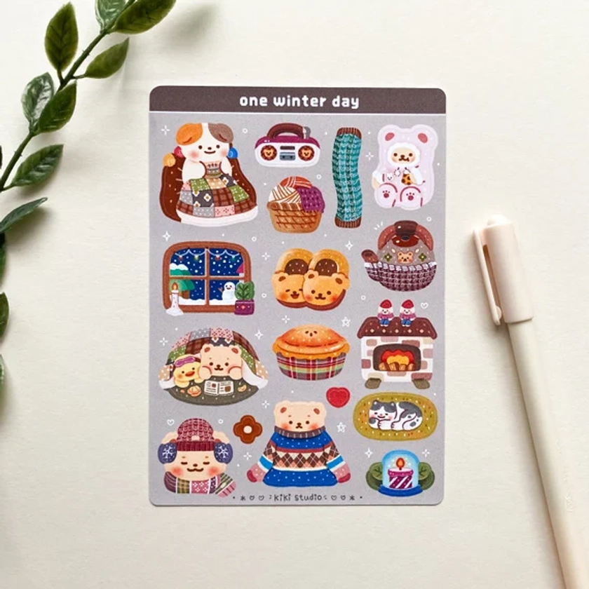 One Winter Day sticker sheet - cute, kawaii, aesthetic, cozy, bear, Korean, asian