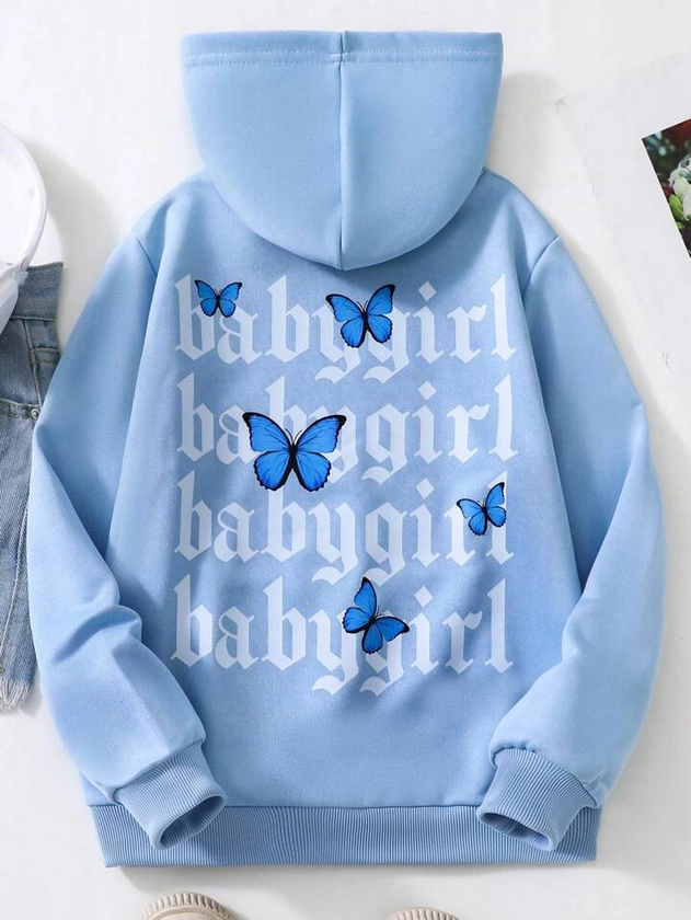 SHEIN Tween Girl Butterfly & Letter Graphic Hoodie