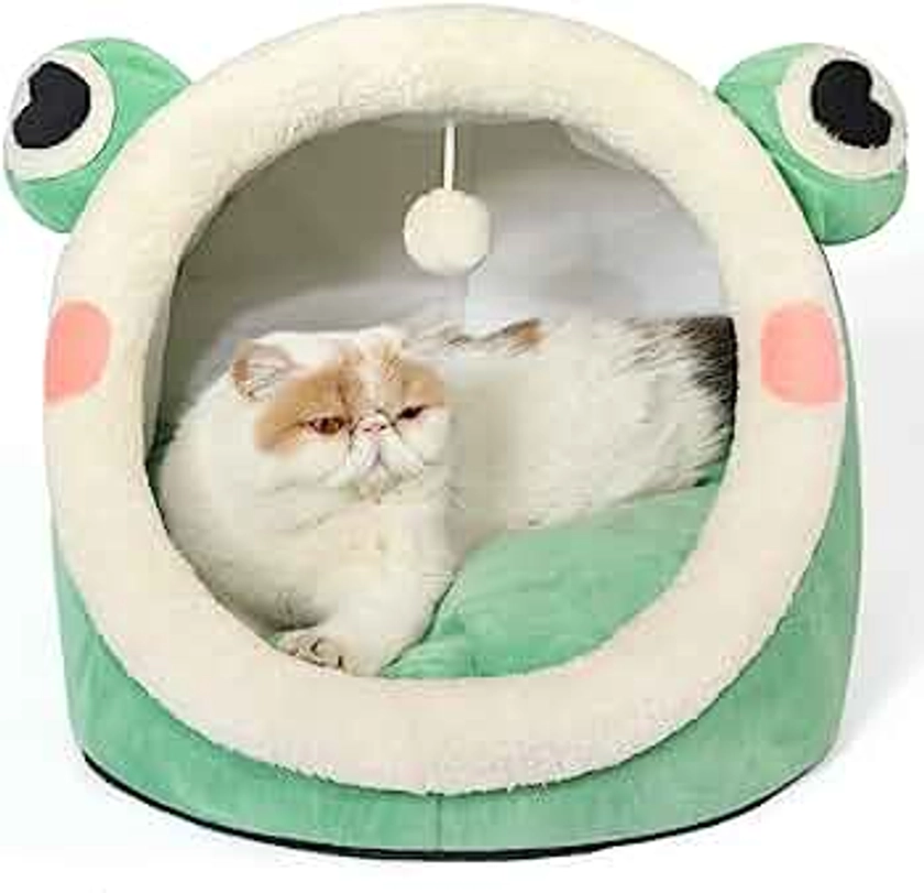 Jiupety Cute Cat Bed, Indoor Lovely Crystal Velvet Igloo for Cat and Small Dog, Warm Cave Sleeping Nest Bed for Puppy and Kitten, Green Frog, L.