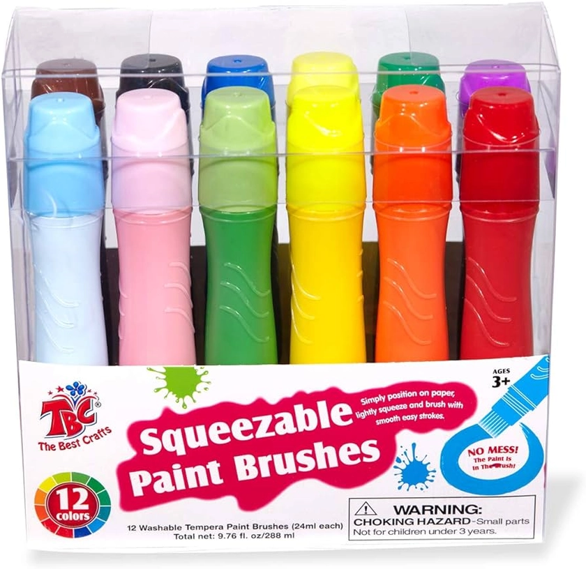 TBC The Best Crafts 12 Colours Squeezable Brush Paints for Kids, Washable Tempera Paint Brushes, Kids Grip Strengthen Art Toys, Assorted Baisic/Neon/Pastel Colors(24ml/0.8oz Each), Easy to Paint