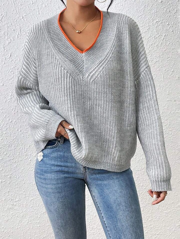 SHEIN Essnce Color Block V-Neck Drop Shoulder Casual Sweater