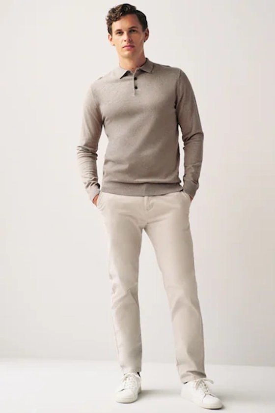 Buy Neutral Regular Knitted Long Sleeve Polo Shirt from the Next UK online shop