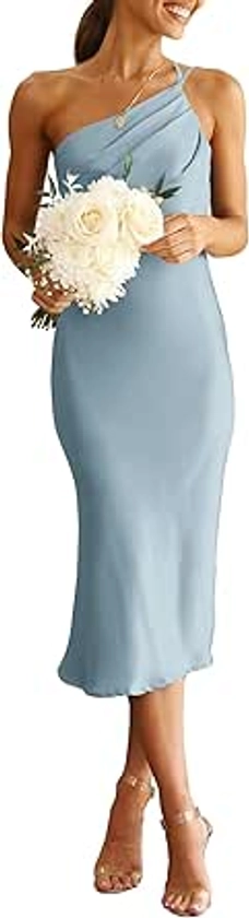 PRETTYGARDEN Women's Midi Satin Dress One Shoulder Spaghetti Strap Backless Ruched Summer Bodycon Dresses (Light Blue,Medium) at Amazon Women’s Clothing store