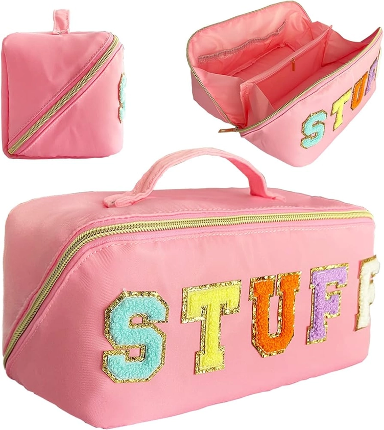 Nylon Makeup Bag Pink Chenille Letter Makeup Bag Preppy Cosmetic Bag Stoney Clover Pouch Chenille Patch Bag Better Belt Bag Cosmetic Bag Varsity Letter Pouch Flat Lay Makeup Bag Stuff Toiletry Bag